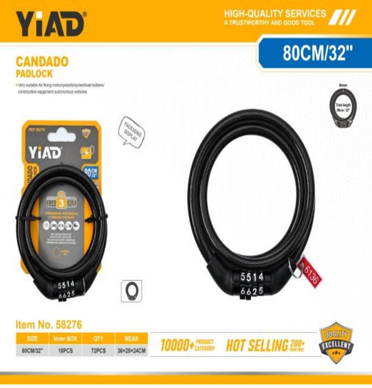 YIAD  Heavy-Duty Combination Bike Lock, Anti-Theft Lock Cylinder 4 Digits 80cm